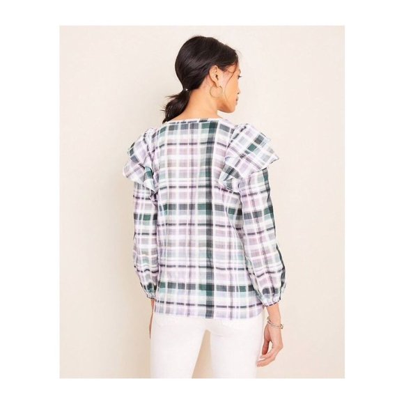 Ann Taylor Plaid Ruffle Shoulder Blouse XXSP - Picture 3 of 3